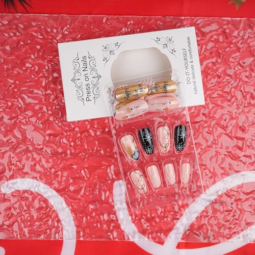24 Pcs Medium Almond Press on Nails for Christmas, Snowflake Black White Stripes Gold Glitter - Image 2