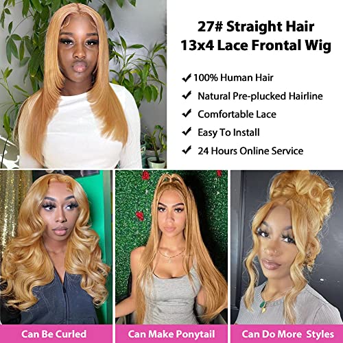 Honey Blonde Lace Front Wig Human Hair 13x4 Transparent Lace Frontal Wig Human Hair #27 Colored Straight Lace Front Wig For Black Women Pre Plucked With Baby Hair 16 Inch Estilar - Image 3