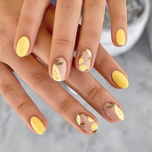 Summer Press on Nails Short lemon Fake Nails,Yellow Full Cover Stick on Nails 24 Pcs Almond False Nails with Designs,Glue on Nails for Women Art Kit