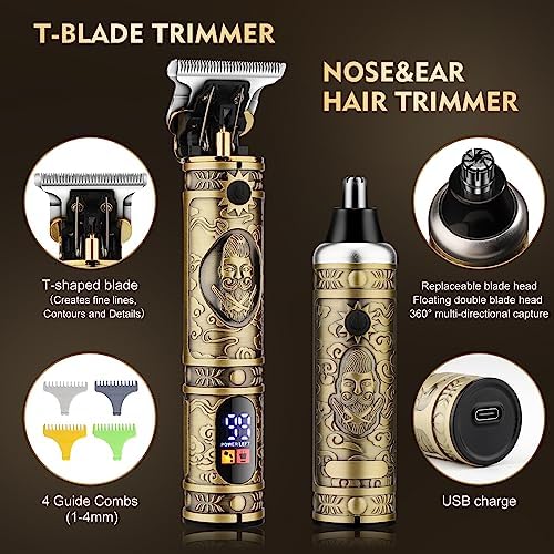 Professional Hair Clippers for Men,Hair Clippers+T-Blade Trimmer+Electric Shaver+Nose Hair Trimmer Set,4 in 1 Cordless Barber Hair Cutting Kit LCD Display Gifts (Gold) - Image 4