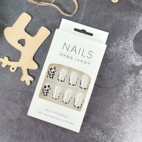 OCOUYVD 24Pcs Leopard Press on Nails Short French Tip Fake Nails Square Acrylic Nails Silvery White Stick on Nails with Designs Glossy French Glue on Nails for Women and Girls Nail Decorations - Image 4