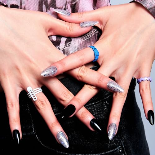 GLAMERMAID Black Press on Nails Short, Nude Glitter Medium Almond Glue on Gel Nails, Handmade Fake Nails Acrylic False Nails Stick on Nails Sets Kits Reusable Acrylic Nails Kit for Women Girls Gift - Image 2