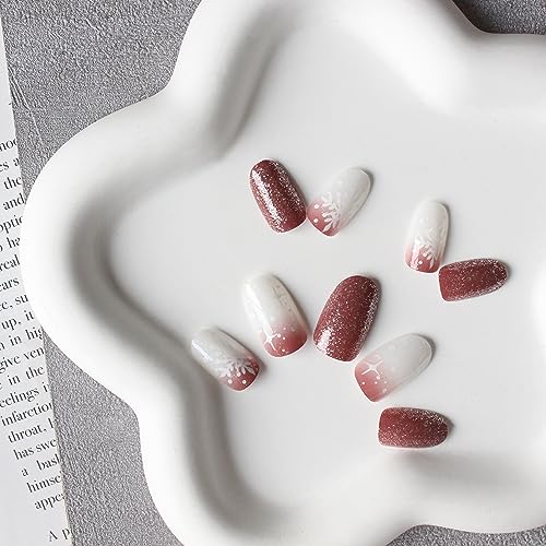 Winter Fake Nails Short Almond Press on Nails Red Glitter Nails for Women Cute Glue on Nails Acrylic with White Snowflake Design,Christmas False Nails Set in 24 PCS - Image 4