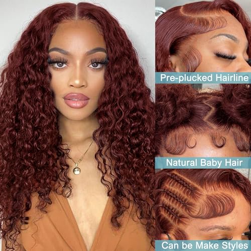 Reddish Brown Lace Front Wigs Human Hair 13x4 Reddish Brown Curly Lace Front Wig Human Hair 180% Density for Women Auburn Deep Wave Wigs Copper Red Glueless Curly Wig Pre Plucked 18 Inch - Image 2