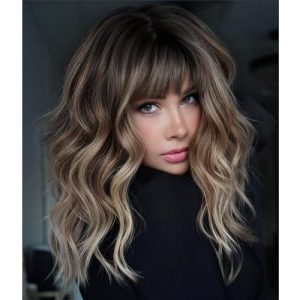 Brown Wig with Bangs,Brown Highlight Wavy Wigs for Women,Shoulder Length Curly Synthetic Hair Wig for Party Daily Use 18IN…