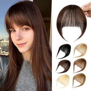 Bangs Hair Clip in Bangs-100% Human Hair Clip On Bangs Dark Brown Clip in Bangs Real Human Hair Fake Bangs Hair Clip In Hair Extenisons With Temples Hairpieces For Women