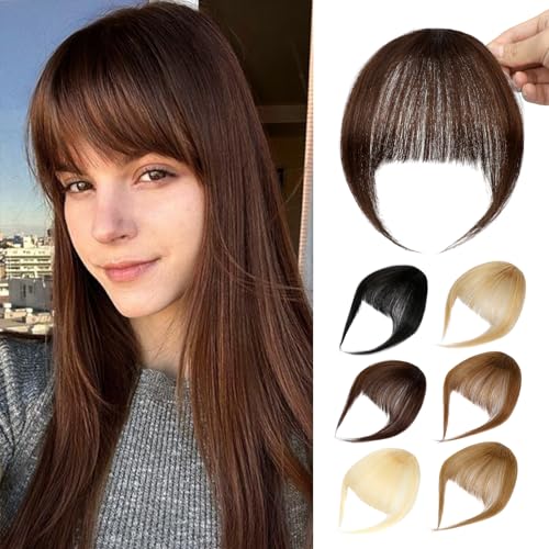 Bangs Hair Clip in Bangs-100% Human Hair Clip On Bangs Dark Brown Clip in Bangs Real Human Hair Fake Bangs Hair Clip In Hair Extenisons With Temples Hairpieces For Women