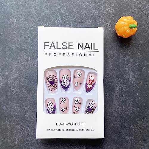 Purple Fake Nails Halloween Press on Nails Short Almond False Nails with Ghost Skull Spider Wed Heart Designs Cute Acrylic Fake Nails French Artificial Nails Full Cover Stick on Nails for Women 24Pcs - Image 6