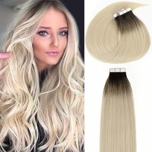 Natural Remy Human Hair Tape Extensions 2/60 Balayage Dark Brown to Platinum Blond 20pc Set 50g 41cm