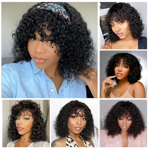 Short Curly Bob Wig Human Hair with Bangs Glueless Bob Wigs for Black Women 180% Density Brazilian Bob Wig with Bangs Human Hair Machine Made Black - Image 6