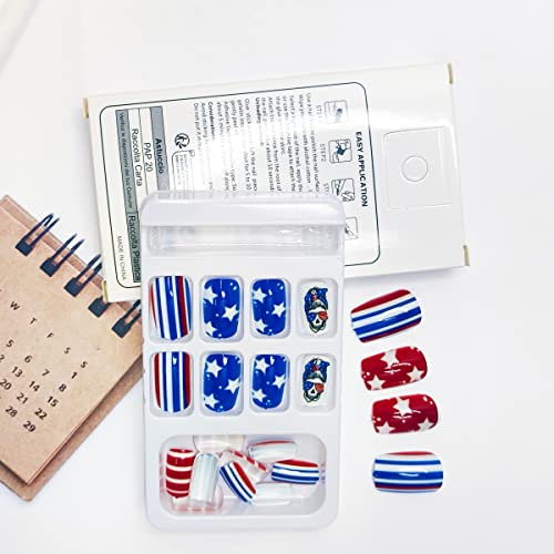 24Pcs Press on Nails Short Square Independence Day Acrylic Nails Glue on Nails July 4 Decorations Fake Nails with Red White Blue Skeleton Design Full Cover False Nails Stick on Nails for Women Girls - Image 3