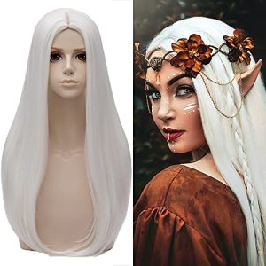 White Wigs For Women Natural 24" Long Straight Middle Hair Wigs Soft Daily Basic Heat Resistant Curly Wave Wig For Women Girl Cosplay Party Halloween Wig Cap Included (White)
