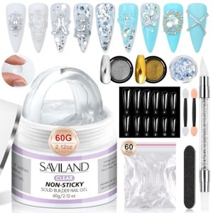 SAVILAND Solid Builder Nail Gel - 60g Large Capacity Clear Hard Gel for Nails 3D Sculpting Non-Sticky Hand Carving Gel Nail Extension Gel with Sequins Chrome Nail Powder DIY at Salon Home