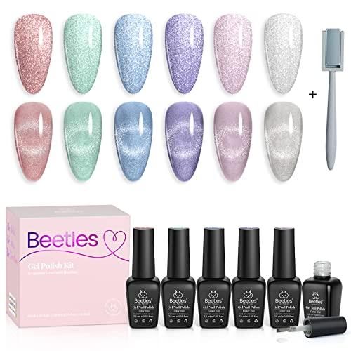 Beetles 20 Colors Gel Art Kit with 3Pcs Base Gel Glossy Top Coat and Nail Glue 7Pcs Mirror Effect Metal&6 Colors Holographic Glitter Cat Eye Gel Polish Kit with Magnet Romantic - Image 6
