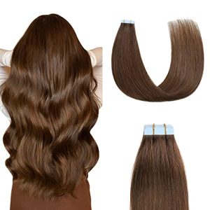Tape in Hair Extensions Human Hair 14 inches Silky Straight Remy Human Hair Seamless Skin Weft Hair Extensions Tape in 14 inches #4 Chocolate Brown 40 Gram 20Pcs/Pack Thick Hair