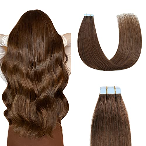 Tape in Hair Extensions Human Hair 14 inches Silky Straight Remy Human Hair Seamless Skin Weft Hair Extensions Tape in 14 inches #4 Chocolate Brown 40 Gram 20Pcs/Pack Thick Hair