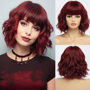 12-Inch Burgundy Wavy Bob Wig with Bangs for Women - Medium