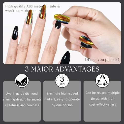 Medium Black High Shine Chrome Press On Nails Oval Almond Acrylic Nail Art Kit - Image 4