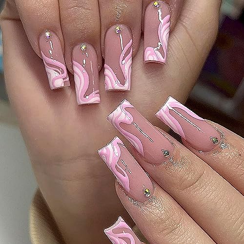Long Coffin Press on Nails Pink French Tips Fake Nails with 3D Rhinestones Swirl Designs Stick on Nails Ballerina Acrylic Nails Barbie Nails Kit for Women and Girls 24 PCS DIY Manicure Kit