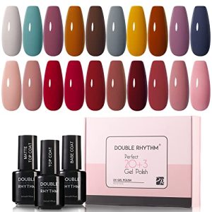 Double Rhythm Gel Nail Polish Set -20 Color Gel Polish Kit with 1 Base Coat and Glossy & Matte Top Coat Fall Nude Pink Green Grey Glitter Burgundy Red Purple (Pack9-Wonderland)