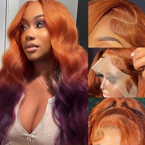 Ginger to Dark Purple Ombre 26 Inch Body Wave Human Hair Wig 150% Density Lace Front - Image 2