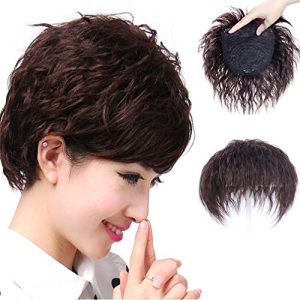Curly Hair Topper Hairpieces Seamless Clip in Real Human Thinck Toupee with Bangs Replacement Wiglet for Women 14x15cm Natural Black