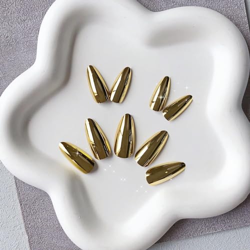 Gold Chrome Press on Nails Medium Almond,KQueenest Mirror Metal Stiletto Fake Acrylic Nails with Bling Design,Glue on Nails for Daily Party Wear,False Nails Press ons in24 PCS - Image 6