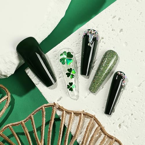 24 Pcs St. Patrick's Day Long Coffin Green Glitter Rhinestone Press on Nails - Image 2