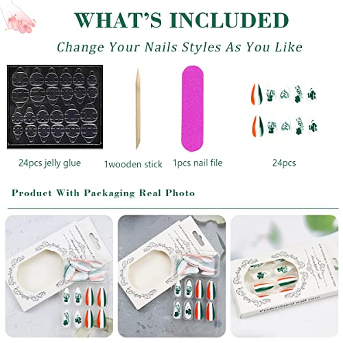 St. Patrick's Day Press on Nails Short Almond, Fake Nails for St. Patrick's Day Gift, False Nail Kits with Lucky Clover Shamrocks Irish Leprechaun Design Fake Nails Gel Stick on Nails Sets for Women - Image 5