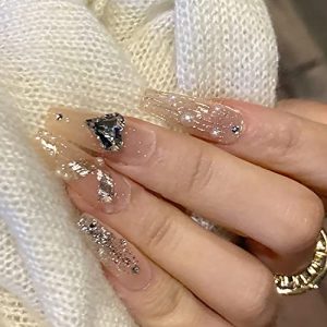 Press on Nails Square Medium Length, Coffin Shape Full Cover Reusable False Nails with Glue, Stick on Nails with Love Heart Rhinestone Designs, Artificial Acrylic Fake Nails for Women, Glue on Nails