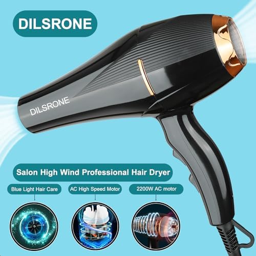 Professional 2200W Ionic Salon Hair Dryer with Diffuser and Attachments, Lightweight Travel AC Motor Constant Temperature Low Noise Curl Care Blow Dryers for Women Men (Black) - Image 5