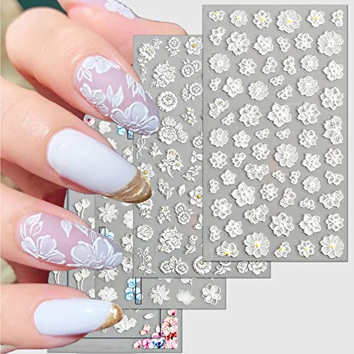TailaiMei 4 Sheets Flower Nail Art Stickers 5D Exquisite Embossed Nail Decals, Self-Adhesive Carving Design Daisy Rose Nail Decoration for Women DIY