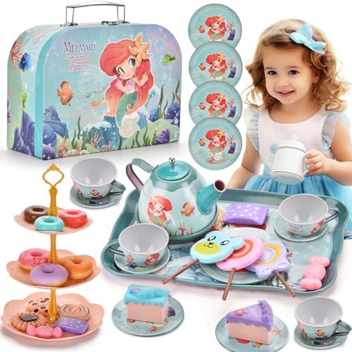 48pc Mermaid Tea Party Set for Little Girls,Birthday Gifts for Age 3 4 5 6 Year Old Girls,Pretend Tin Teapot, Cups, Plates,and Food Sweet Treats Playset for Princess Tea Time Play Kitchen Toys