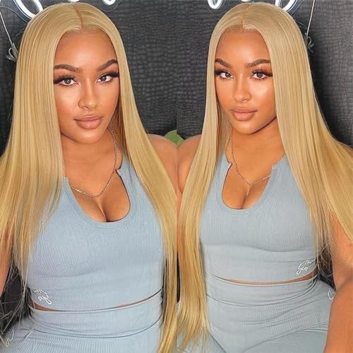 FTQZKEY Honey Blonde Straight Lace Front Wig 13x4 Transparent Lace Front Wig Human Hair 180 Density Colored Human Hair Lace Front Wigs 26 Inch Frontal Human Hair Wigs for Black Women
