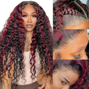 Burgundy Ombre Red 26 Inch Curly Lace Front Wig - Pre-plucked, Heat-Resistant