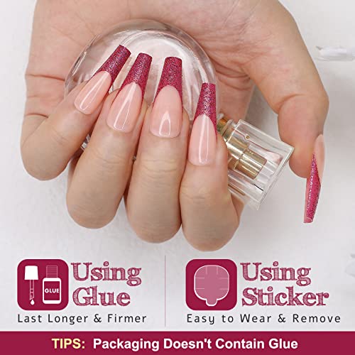 Kikmoya 24pc Extra Long Coffin Red Glitter French Tip Press On Nails for Women - Image 2