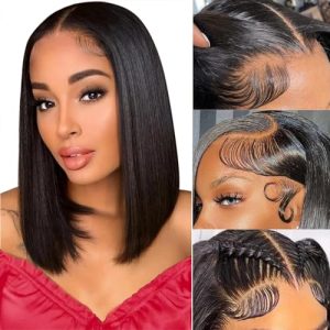12-Inch Natural Black Bob Lace Front Human Hair Wig for Women, Stylish