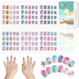 Allstarry 120pcs Colorful Unicorn Fake Nails for Kids Short Press-on Full Cover