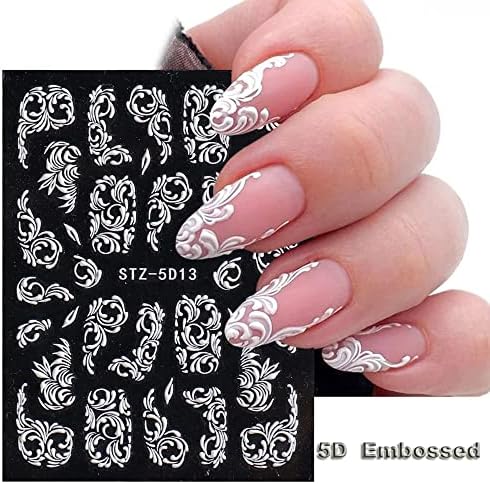 Flower Nail Art Stickers Decals, 8 Sheets 5D Engraved Flower Nail Decals White Wedding Nail Art Accessories French Tips Nail Designs Self Adhesive Lace Flower Carving Nail Stickers for Women Girls - Image 5