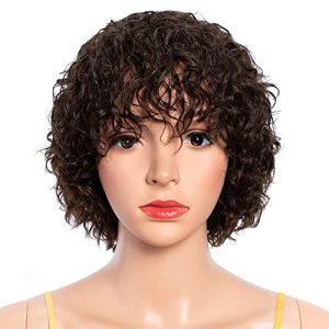 Short Curly Wigs For Black Women None Lace Front Bob Human Hair Wigs Short Human Hair Wigs with Bangs 150% Density Machine Made Short Bob Pixie Cut Curly Water Wave Wigs #4 Color NOBLE HAIR
