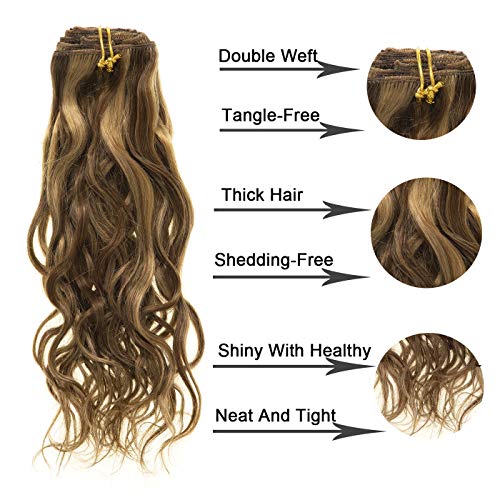 Anrosa Highlight Blonde Curly Clip in Human Hair Extensions Natural Wave Curly Clip in Hair Extensions 20inch Chocolate Brown Mixed with Strawberry Blonde Real Remy Human Hair Clip in Extensions 120g - Image 5