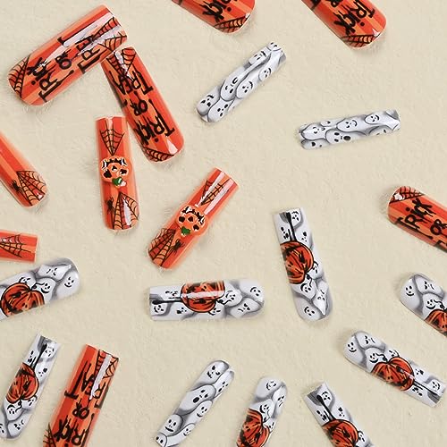 Halloween Press on Nails Long Coffin Fake Nails Glossy Acrylic Nails Glue on Nails with Designs Halloween False Nails Evil Pumpkin Ghost Spider Full Cover Stick on Nails for Women DIY Nail Art 24Pcs - Image 2