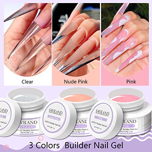 SAVILAND Builder Gels for Nails: 3 Colors 30g Clear Nudes Pink Hard Gel for Nails Extension Gel Set with 15ml Base Top Coat 100pcs Nail Forms Nail Brush Nail Art Manicure Set for Professionals - Image 2