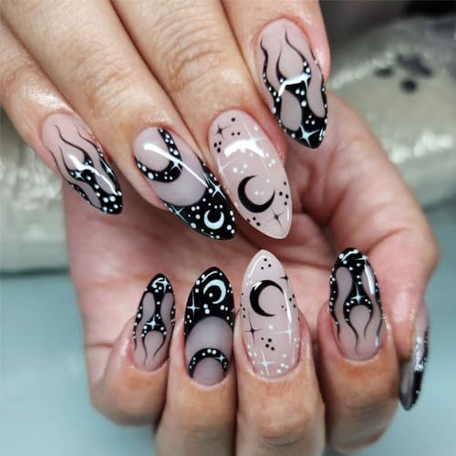 Black Press on Nails Almond Short Medium French Tip Fake Nails with Flame Moon Design Gel Glue on Nails Acrylic False Nails with Glue Manicure Stick on Nail for Wedding Birthday 24Pcs LKU88P