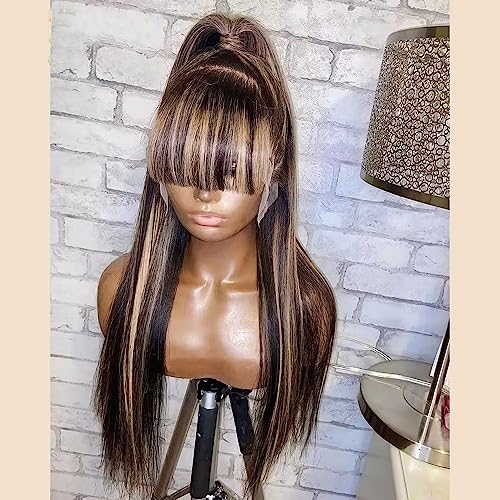 Honey Blonde Highlight Straight Human Hair Wigs with Bangs 13X4 HD Lace Front Wig Brazilian Virgin Hair Bone Straight Glueless Wigs Bleached Knots for Woman 150% Density #1B/27 Bangs Wig - Image 2