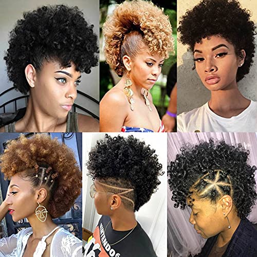Afro Puff Mohawk Ponytail Jerry Curly Non Drawstring Ponytail Clip in Synthetic Fauxhawks Afro Puff Bun with Bangs Short Afro Kinky Curly Hair Bun Warp Hair Extensions with 6 BB Clips 1B - Image 6