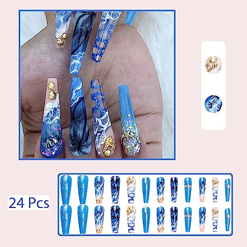 Super Long Press on Nails Coffin Fake Nails Summer Light Blue Nails Press on False Nails with Glitter 3D Gold Sea Ocean Wave Coconut Tree Shell Conch Design for Women Girls DIY Nail Charms Decorations - Image 7