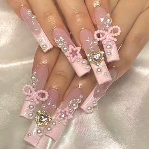 French Tip Press on Nails Long Coffin Fake Nails Valentine’s Day Pink False Nails Heart-Shaped Pearl and Bows Designs Pink Rhinestone Full Cover Glossy Acrylic Nails Glue on Nails for Women Girls