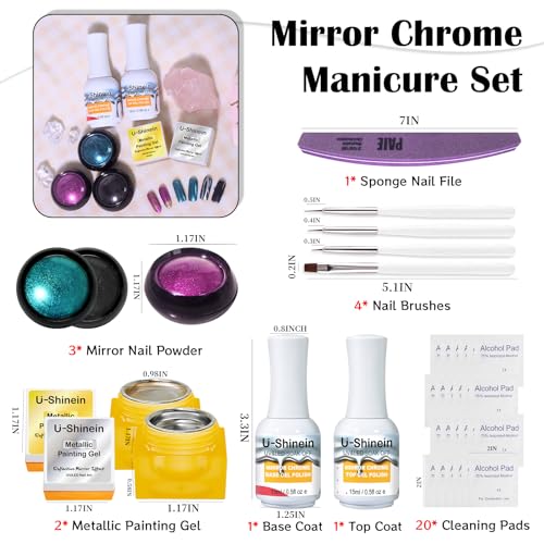 Metallic Gel Nail Polish Kit - 8ml Mirror Silver & Gold Metallic Painting Gel, 3 Colors Chrome Nail Powder with Mirror Chrome Base Coat & Top Gel Polish Nail Tools for DIY Nail Art Manicure - Image 7