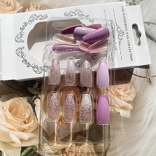 Coffin Press on Nails Light Purple Fake Nails Medium Length Fake Nails Purple Full Cover Acrylic Nails with Gradient Glitter Designs Glue on Nails Glossy Artificial Nails Stick on Nails for Women - Image 3